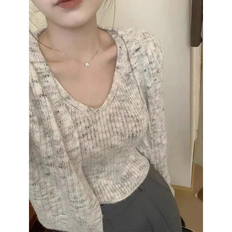 Uveng Uveng New Retro Color Yarn Sweater Coat Women Loose Knitted Slings Two Sets