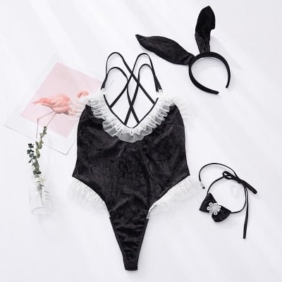 Cute Anime Bunny Girl Cosplay Costume Halloween Women Rose Pink Velvet Sexy Jumpsuit Erotic Roleplay Kawaii Lingerie for Couple