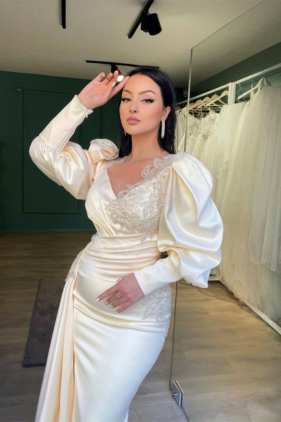 Miabel Charming Long Sleeves V Neck Mermaid Evening Dress With Beadings Miabel Charming Long Sleeves V Neck Mermaid Evening Dress With Beadings