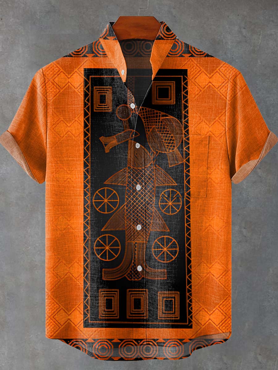 Vintage African Art Abstract Fish Vintage Print Casual 100% Cotton Shirt