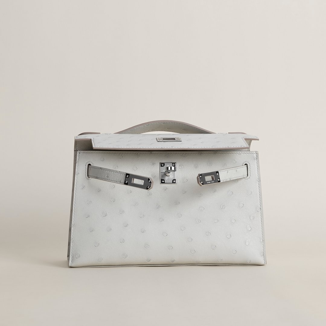 Kelly pochette Ostrich 80 Pearl gray PHW