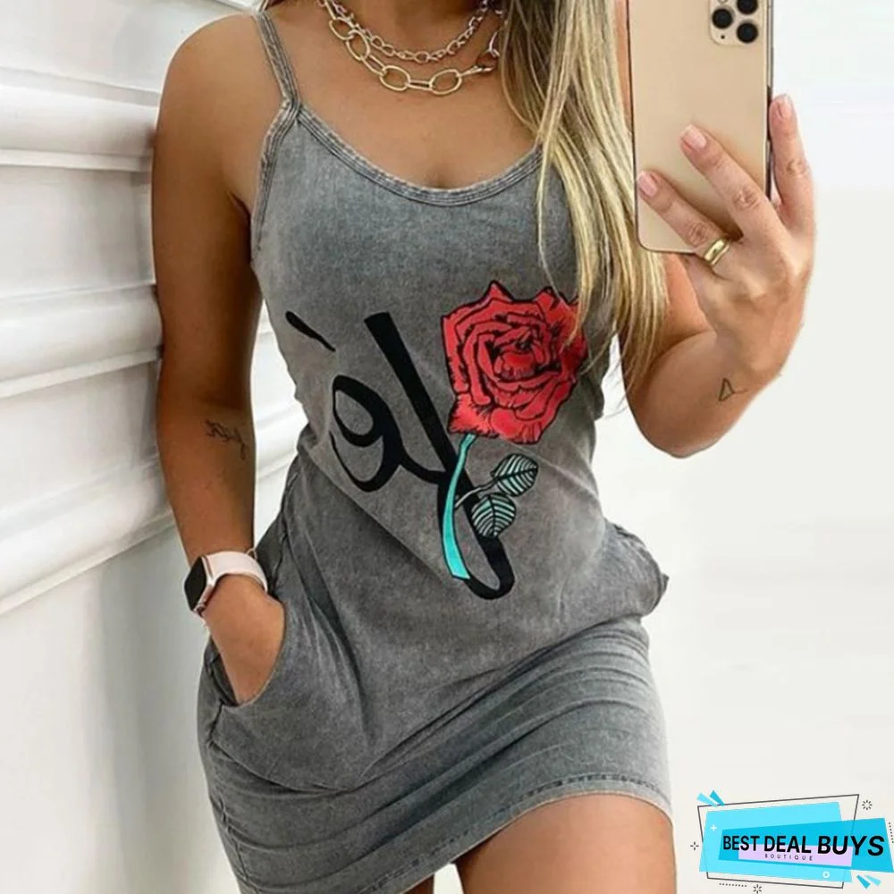 Jeans Rose Print Suspender Hip Skirt