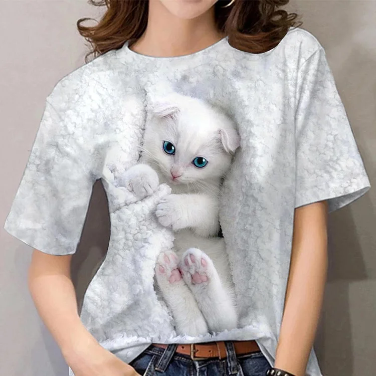 Women's Cute Cat Print T-Shirt Crew Neck Short Sleeve 3D Cat Full Print Tee