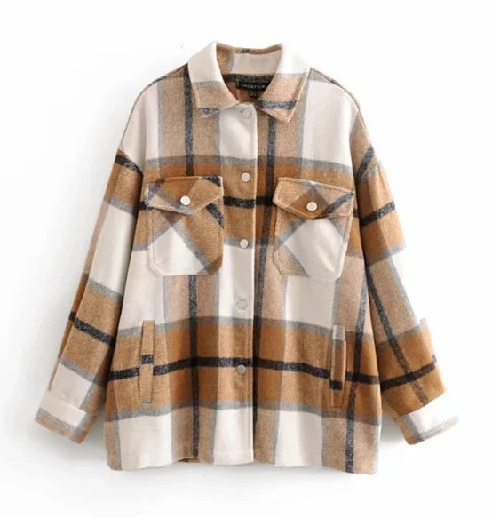 Winter Plaid Shirt Jacekt Loose Oversize Woolen Coat Women Vintage Button Jacket Windbreaker