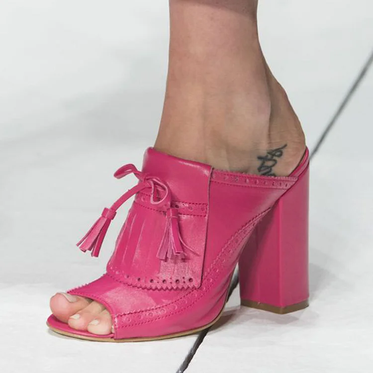Hot Pink Peep Toe Vintage Brogue Inspired Fringe Heeled Mules |FSJ Shoes