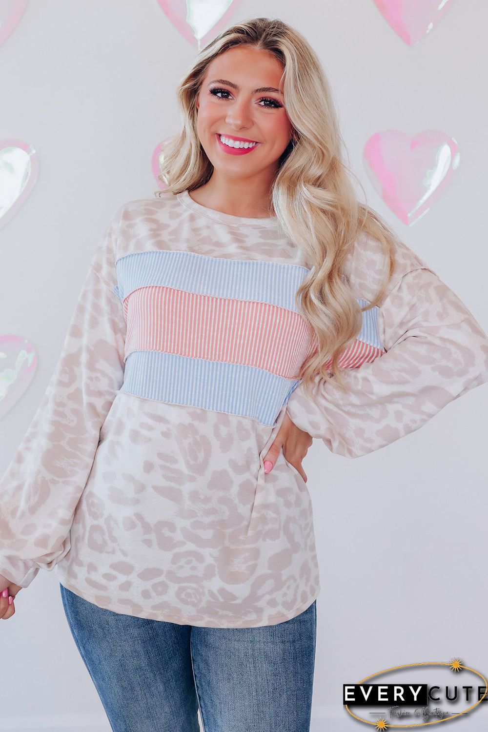 Leopard Animal Print Contrast Stripes Patchwork Puff Sleeve Knit Top