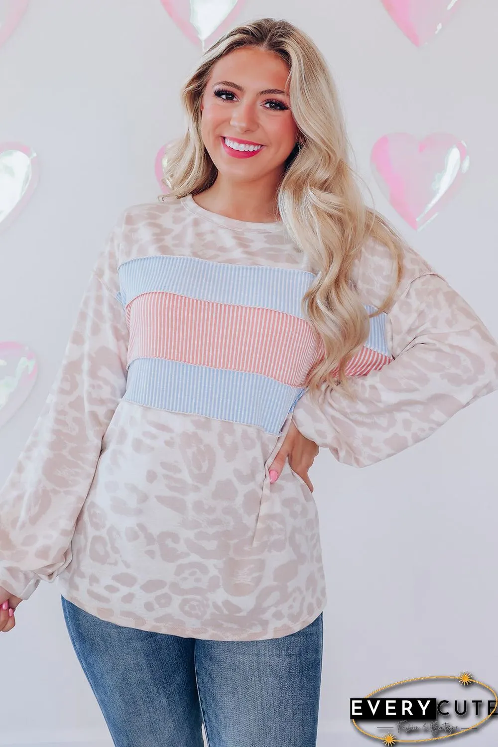 Leopard Animal Print Contrast Stripes Patchwork Puff Sleeve Knit Top