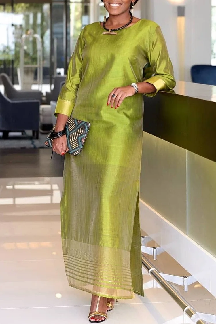 Plus Size Mother Of The Bride Green Round Neck 3/4 Sleeve Split Maxi Dresses [Pre-Order] 2024 - Xpluswear