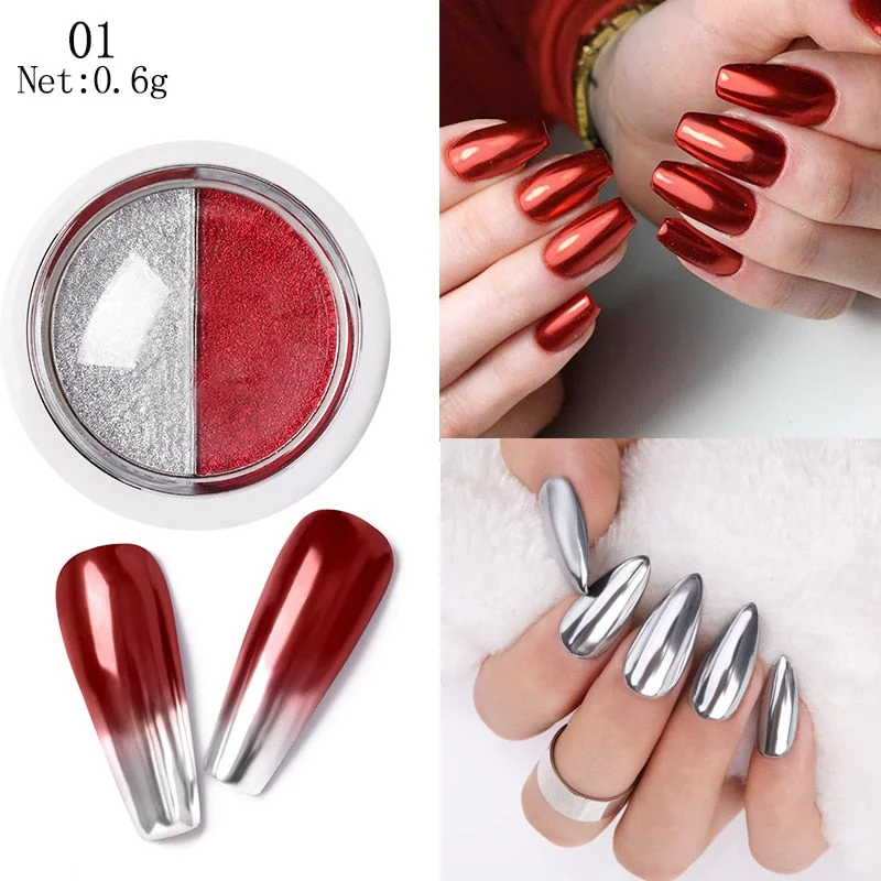 0.6g/Box Red And SilverTwo Color Solid Mirror Powder Sequins Metallic Color Nail Glitter Decoration Gel Polish Dust