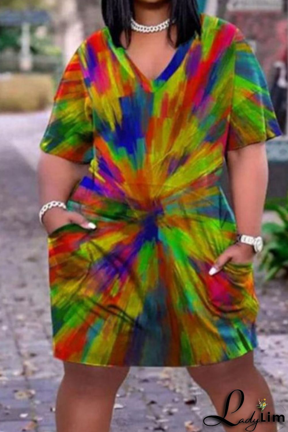 Beige Casual Street Print Patchwork V Neck Straight Dresses