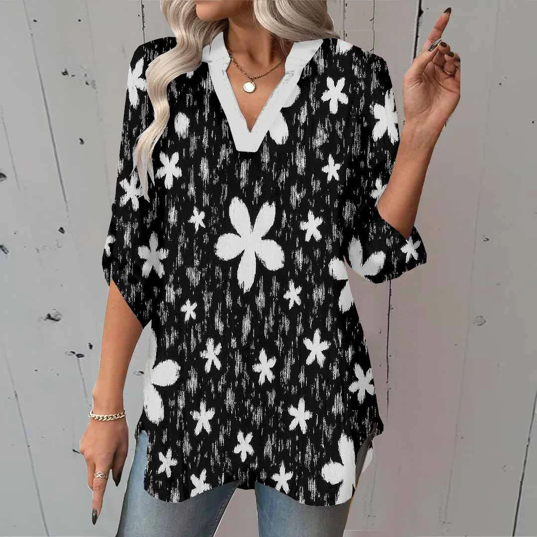Women Floral, Black, White DZGA0156 3/4 Sleeve V-neck Printed Graphic Button Tops
