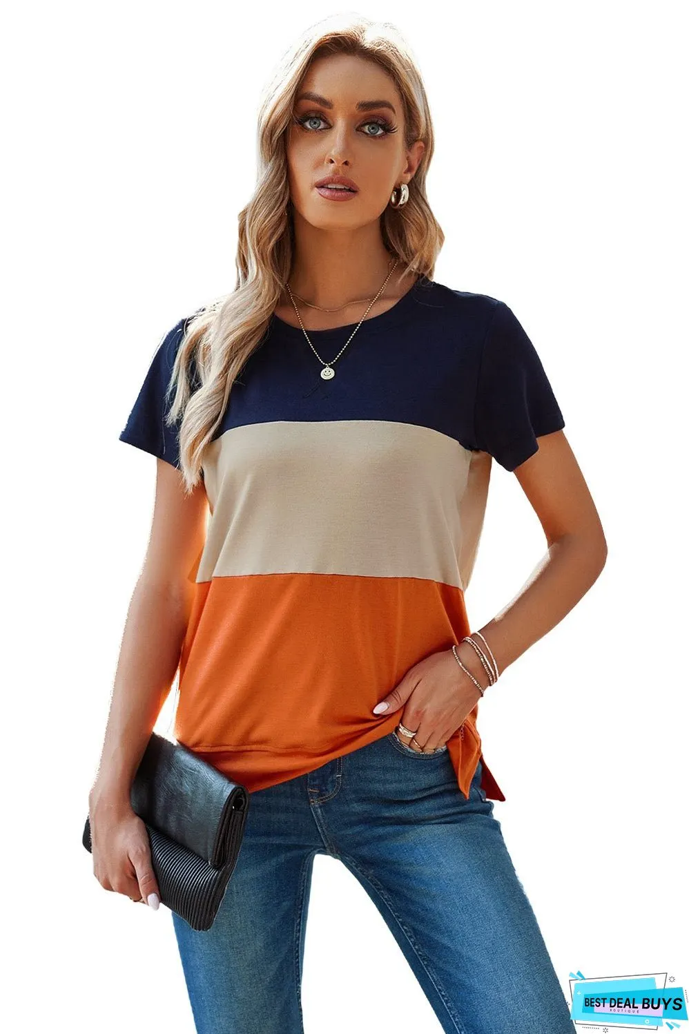 Women's Orange Contrast Colorblock Short Sleeve Casual T-shirt