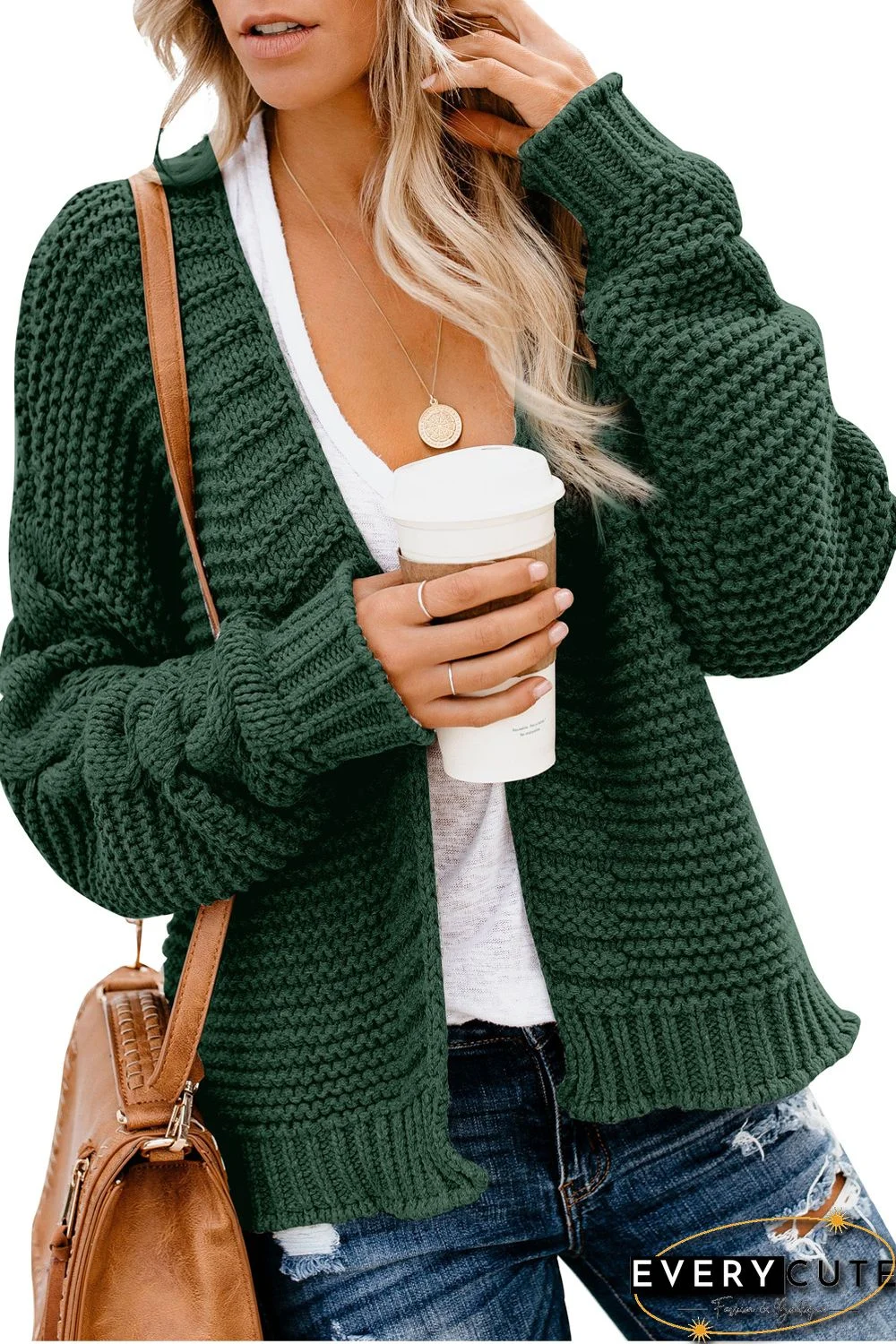 Green Open Front Chunky Knit Cardigan