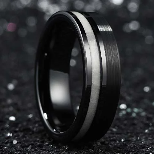6MM 8MM Women's Or Men's Tungsten Carbide Wedding Rings Triple Tone Black and White Antler Inlay Striped Pattern Comfort Fit