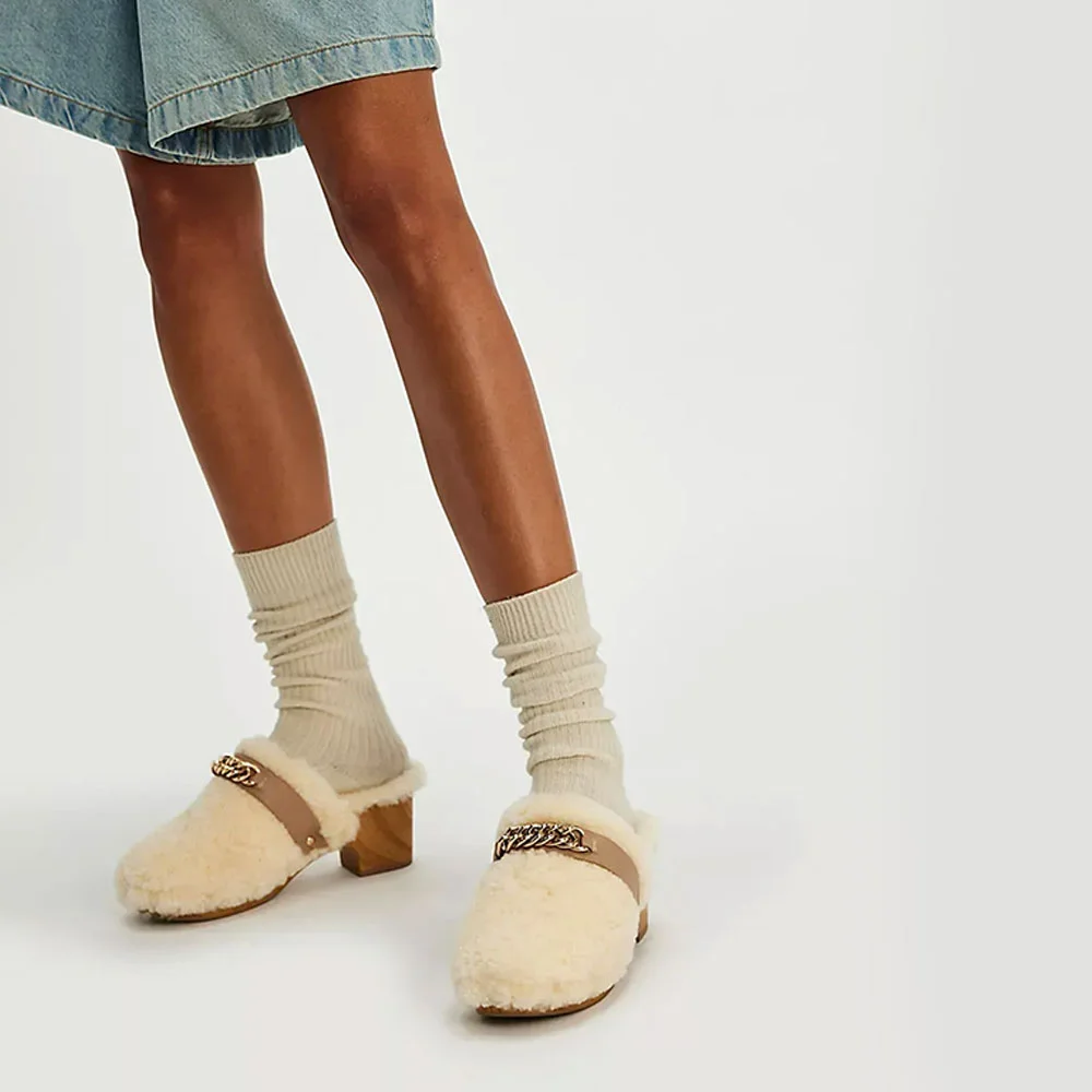 Ivory Faux Fur Round Toe Slip On Chain Block Heel Mule Shoes for Women