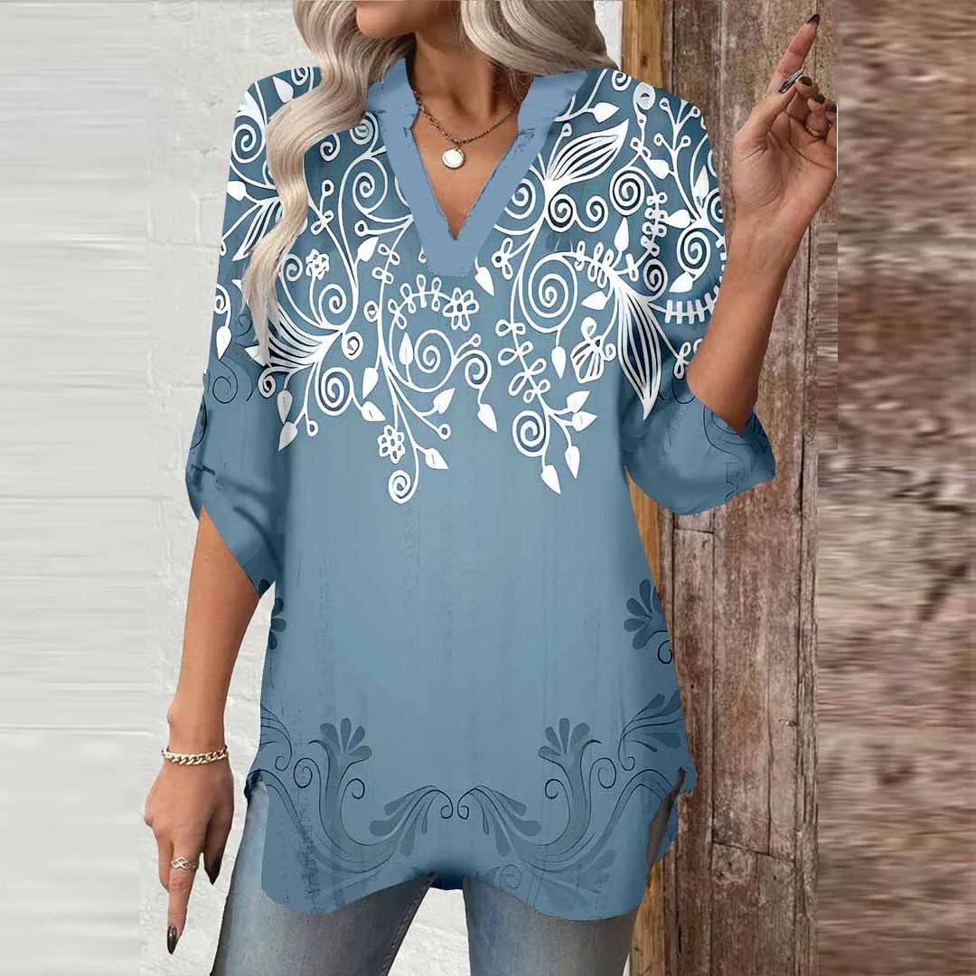 Women Green, Flowers DZGA0458 3/4 Sleeve V-neck Printed Graphic Button Tops
