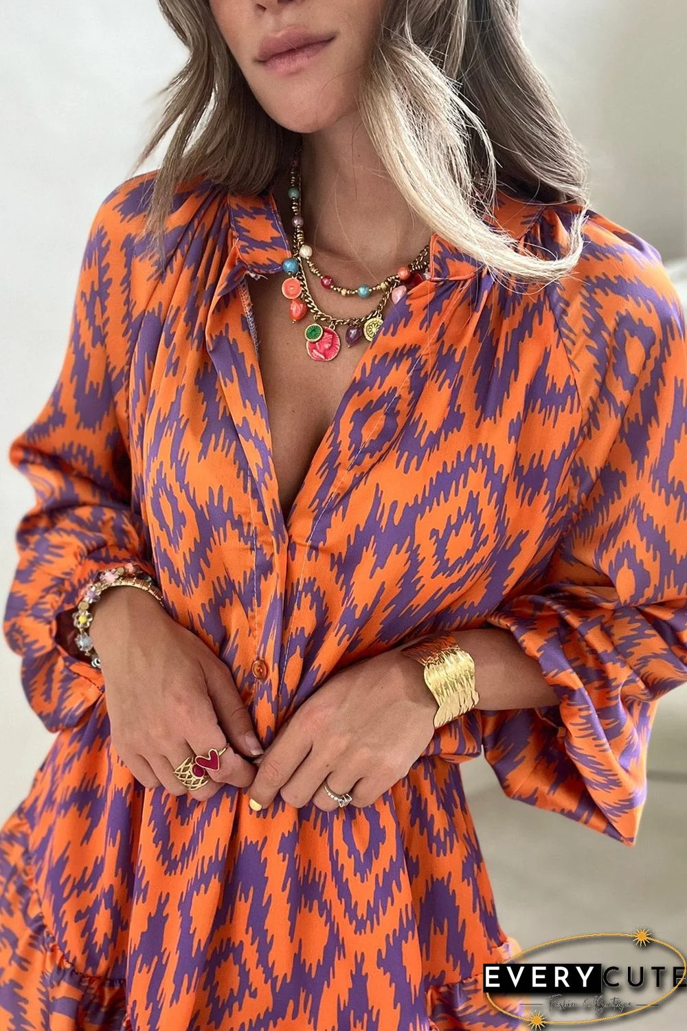 Orange Aztec Bubble Sleeve High Waist Romper