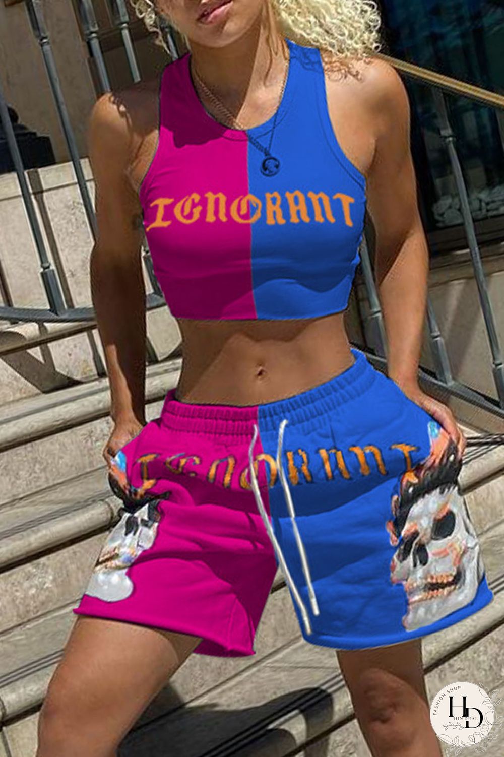 Rose Red Blue Sexy Casual Letter Print Contrast O Neck Sleeveless Two Pieces