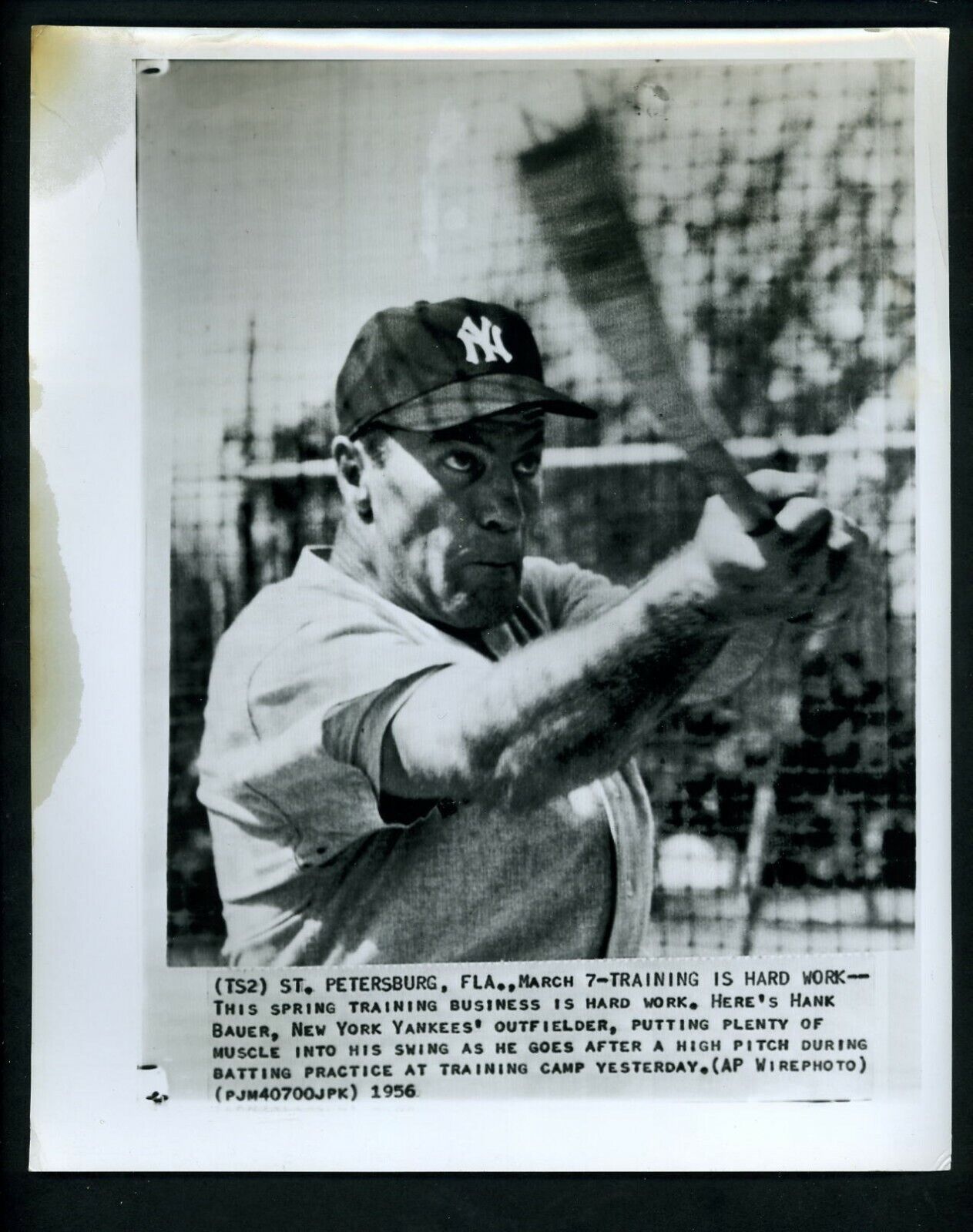 Hank Bauer Spring training batting practice 1956 Press Photo Poster painting New York Yankees