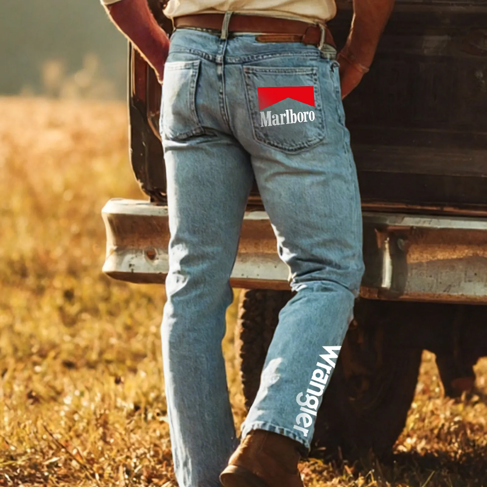 Cotton Denim Jeans For Men - Classic Straight Fit With Brand Patch Design