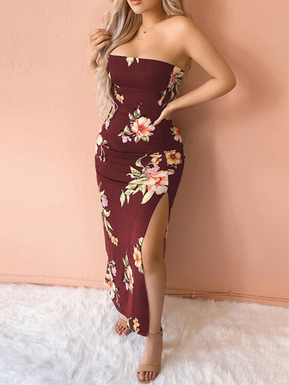 Tube Top High Slit Random Floral Print Sleeveless Dress - Life is Beautiful for You - SheChoic
