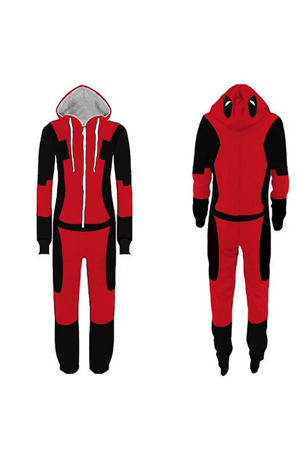 Long Sleeve Hooded Mens Halloween Deadpool Costume Pajama Dark Red-elleschic
