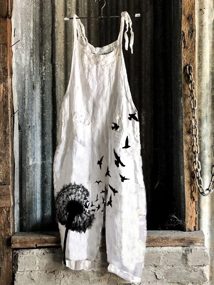 Retro casual dandelion printed overalls