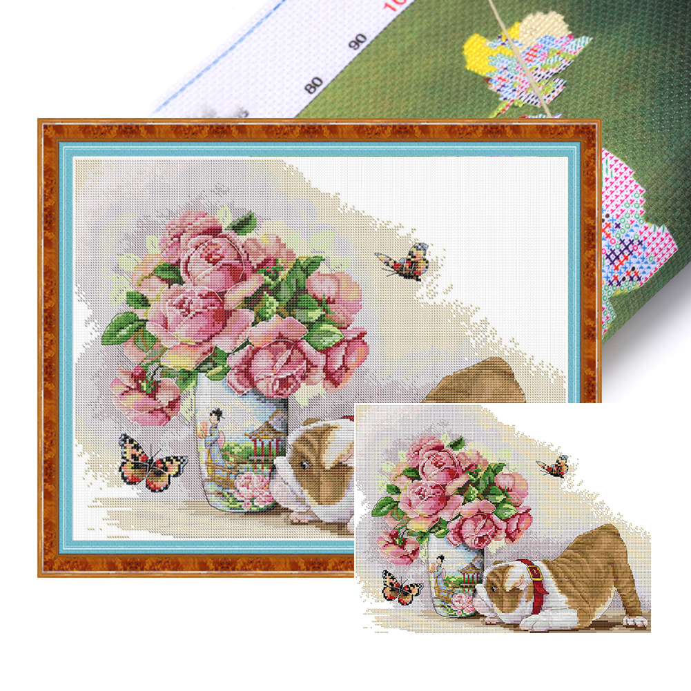【Joy Sunday】Pug and Butterfly Partial 14CT Pre-stamped Canvas(45*35cm) Cross Stitch(backstitch)