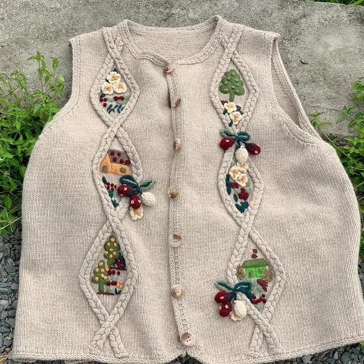 Queenfunky cottagecore style Cute Hand Embroidered Knitted Sweater Vest QueenFunky