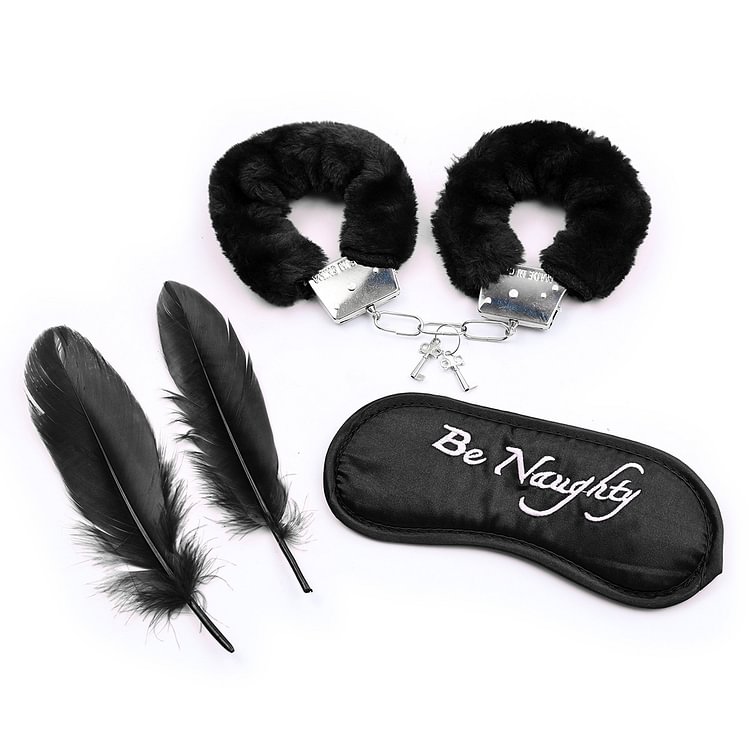 Alloy handcuffs blackout blindfold teasing feather set