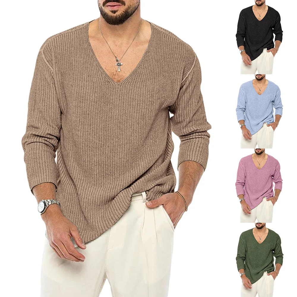 Men's Solid Color Long Sleeve Fashion Knit Sweater-inspireuse