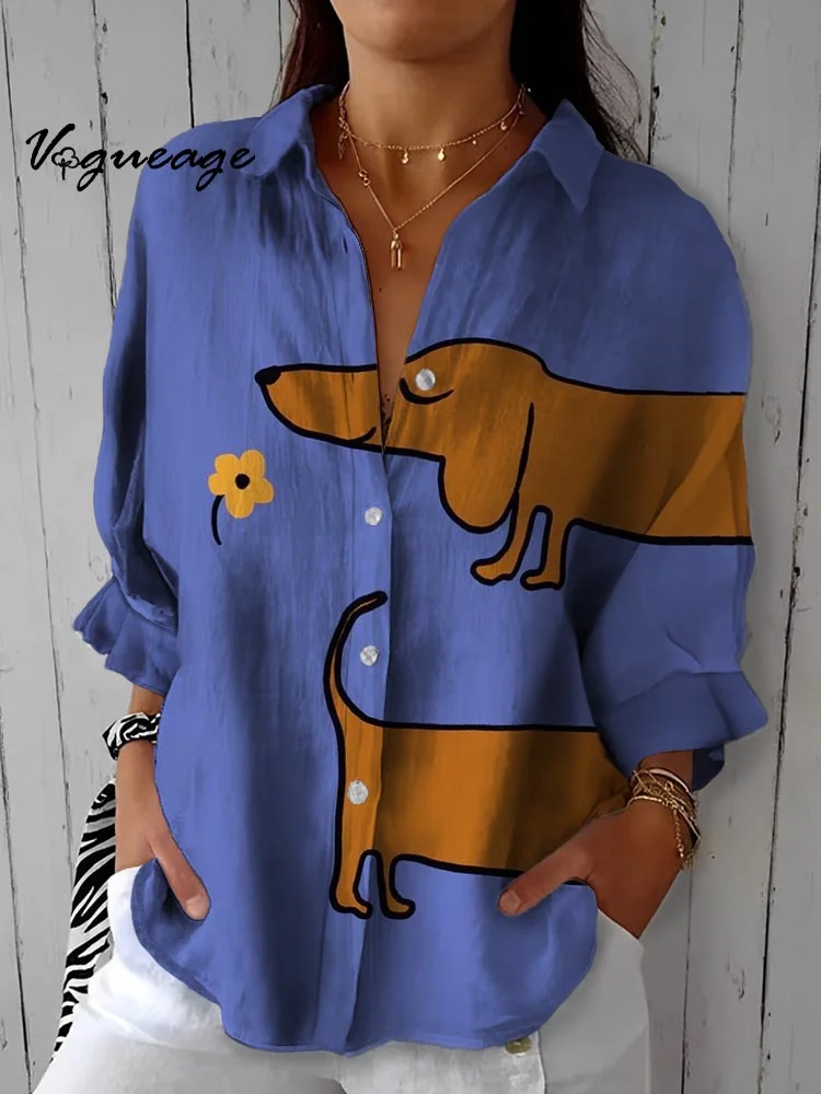 Cute Elegant Cartoon Puppy And Flowers Printed Cotton And Linen Shirt