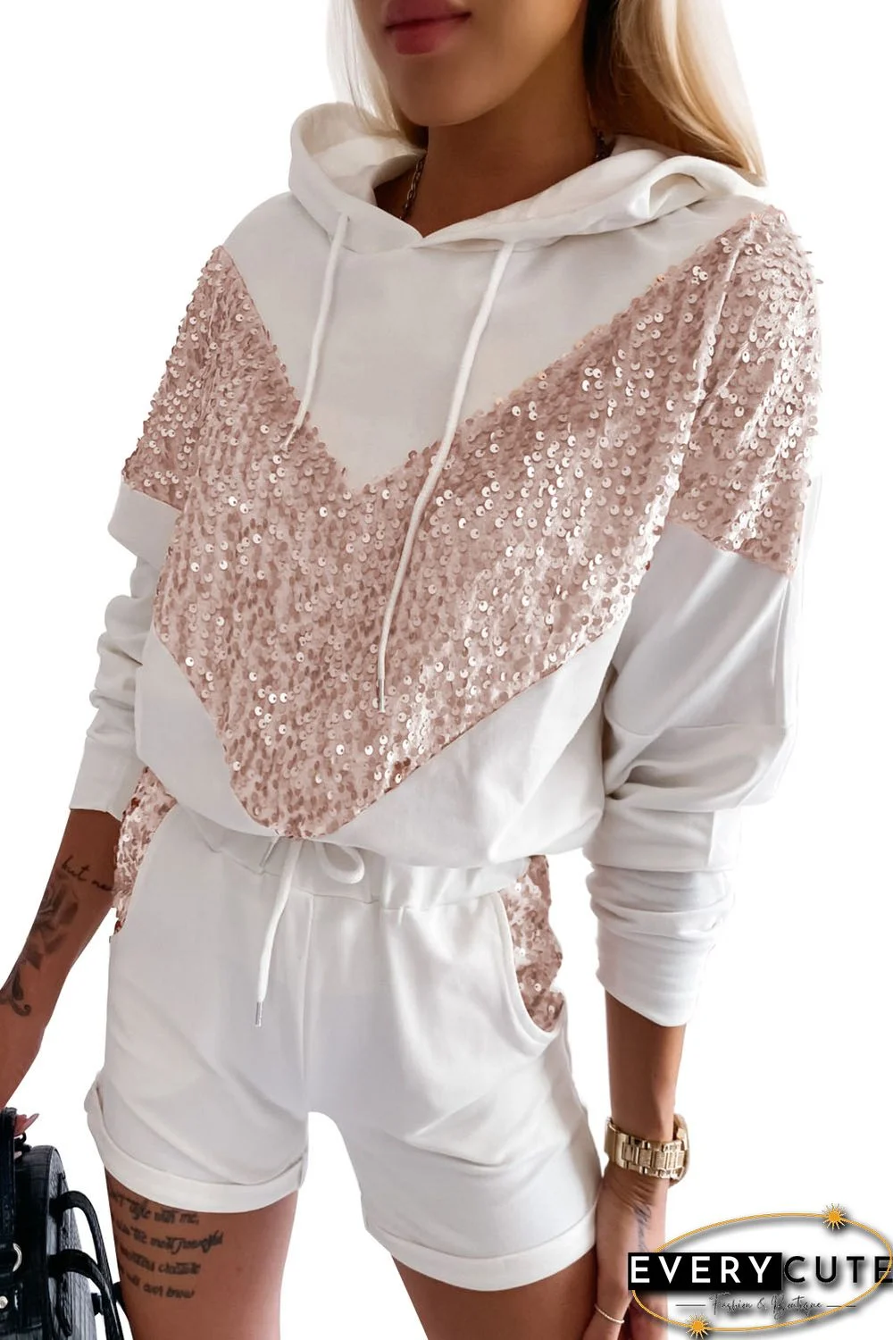 White Chevron Sequin Pullover Hoodie