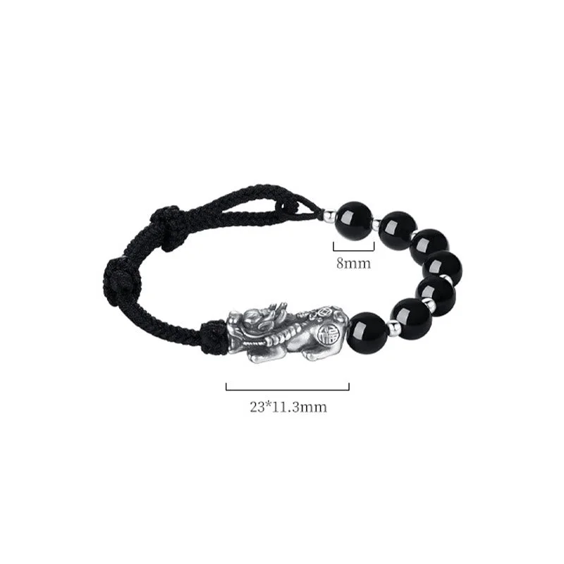999 Sterling Silver FengShui PiXiu Natural Black Obsidian 925 Sterling Silver Bead Strength Bracelet