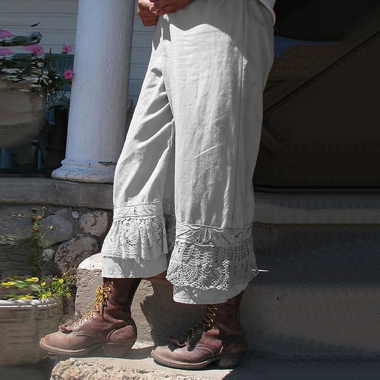 Women's Lace Patch Work Casual Cotton Linen Comfy Pants