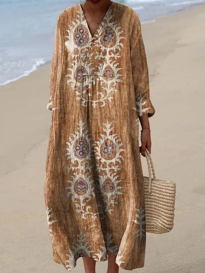 Women's Vintage Ethnic Floral Art Print Cotton Dress