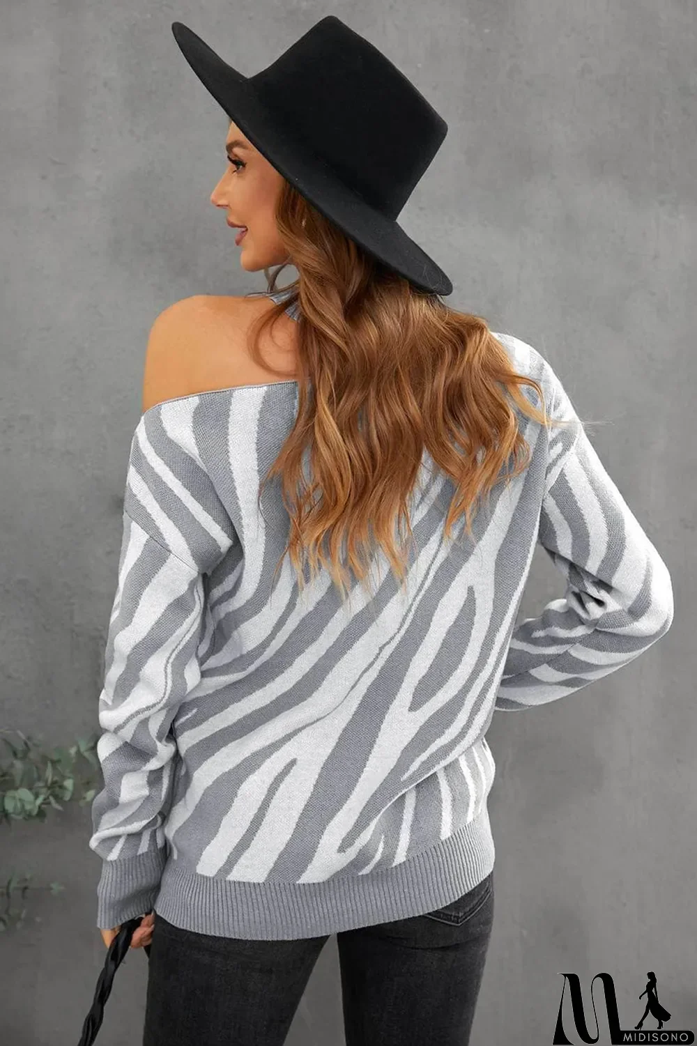 MidiSono - Gray Zebra Print Mock Neck Cold Shoulder Sweater