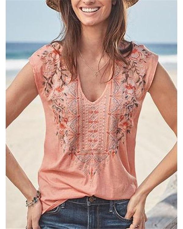Bohemian Sleeveless V Neck Casual Blouses Tops