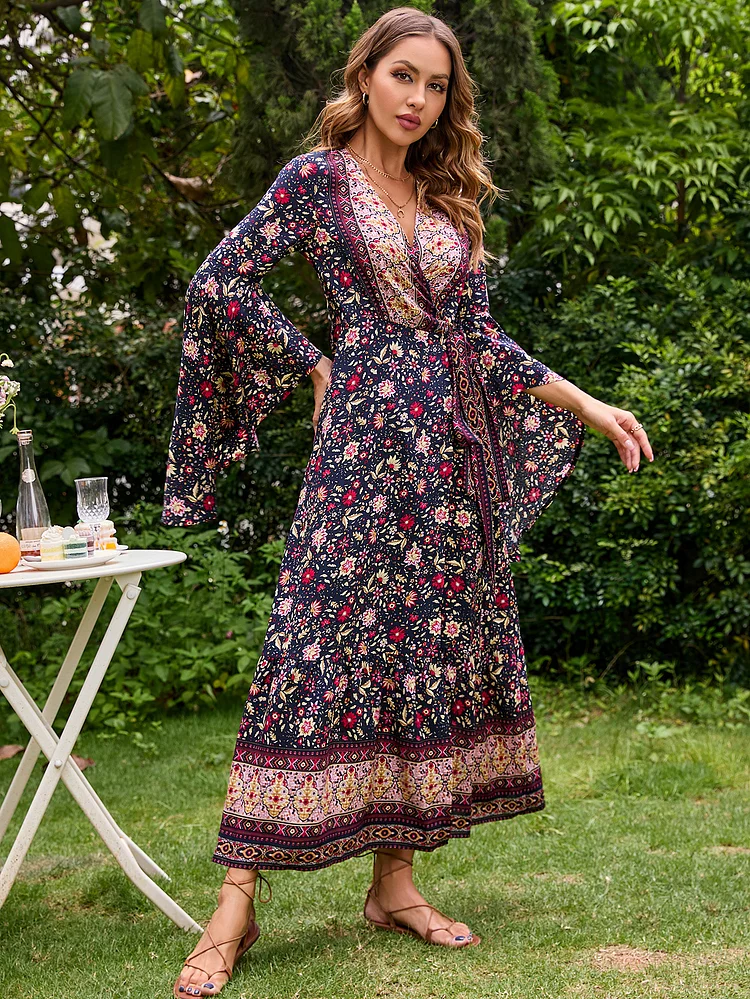 Printed V-Neck Flared Sleeves Mid Waist Tie Panel Vacation Dresses