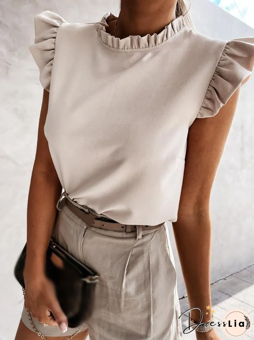 Women Summer Fashion Lotus Leaf Sleeve O-Neck Pullover Top Casual Solid Loose Hollow Blouse Simple All-match Office Ladies Tops