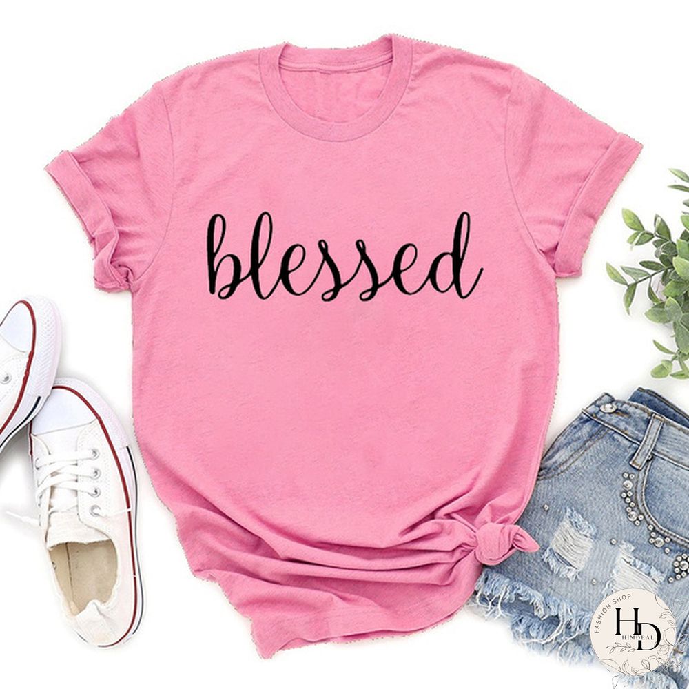 Womens Fashion Blessed PrintT-shirtsSummer Casual Loose Round-neck Creative Personalized