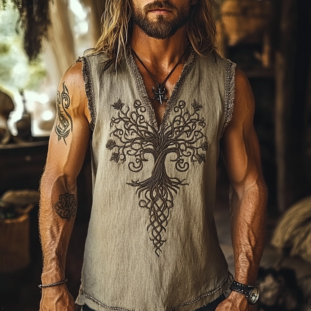 Men's  Vintage Viking Tree Of Life Celtic Knot Embroidered Art Vest