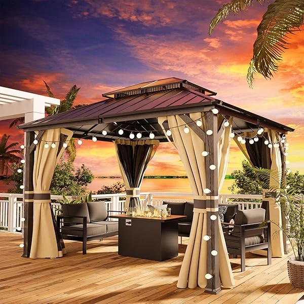 12'x14' Hardtop Gazebo, Patio Gazebo Kits with Aluminum Frame Galvanized Steel and Polycarbonate Double Roof, Curtains and Netting, Outdoor Patio Backyard 12x14 ft Beige