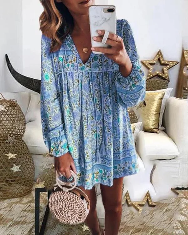 bohemian long sleeved vacation dress p306214