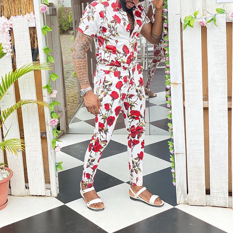 BrosWear Men'S Fashion Floral Print Shirt Set