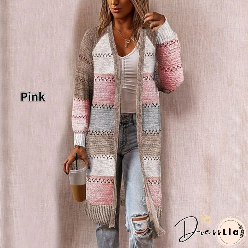 New Fashion Women Cardigan Comfy Stylish Stitching Long Sleeve Striped Patchwork Sweater Female Casual Long Cardigan Autumn Winter Tops