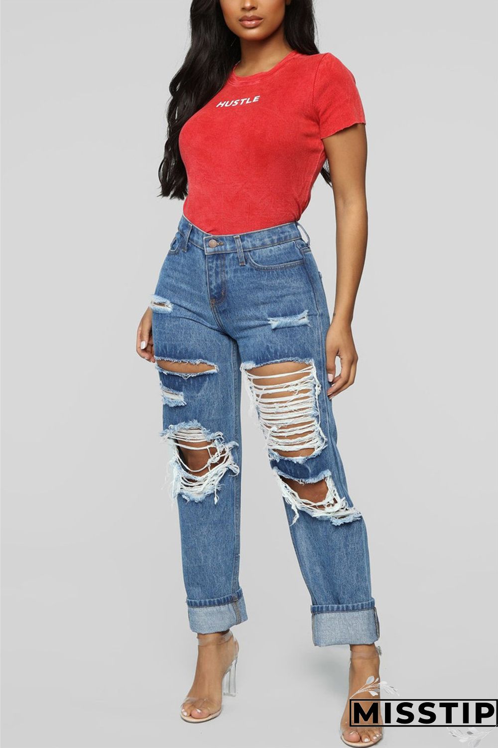 Light Blue Fashion Casual Solid Broken Hole Straight Jeans