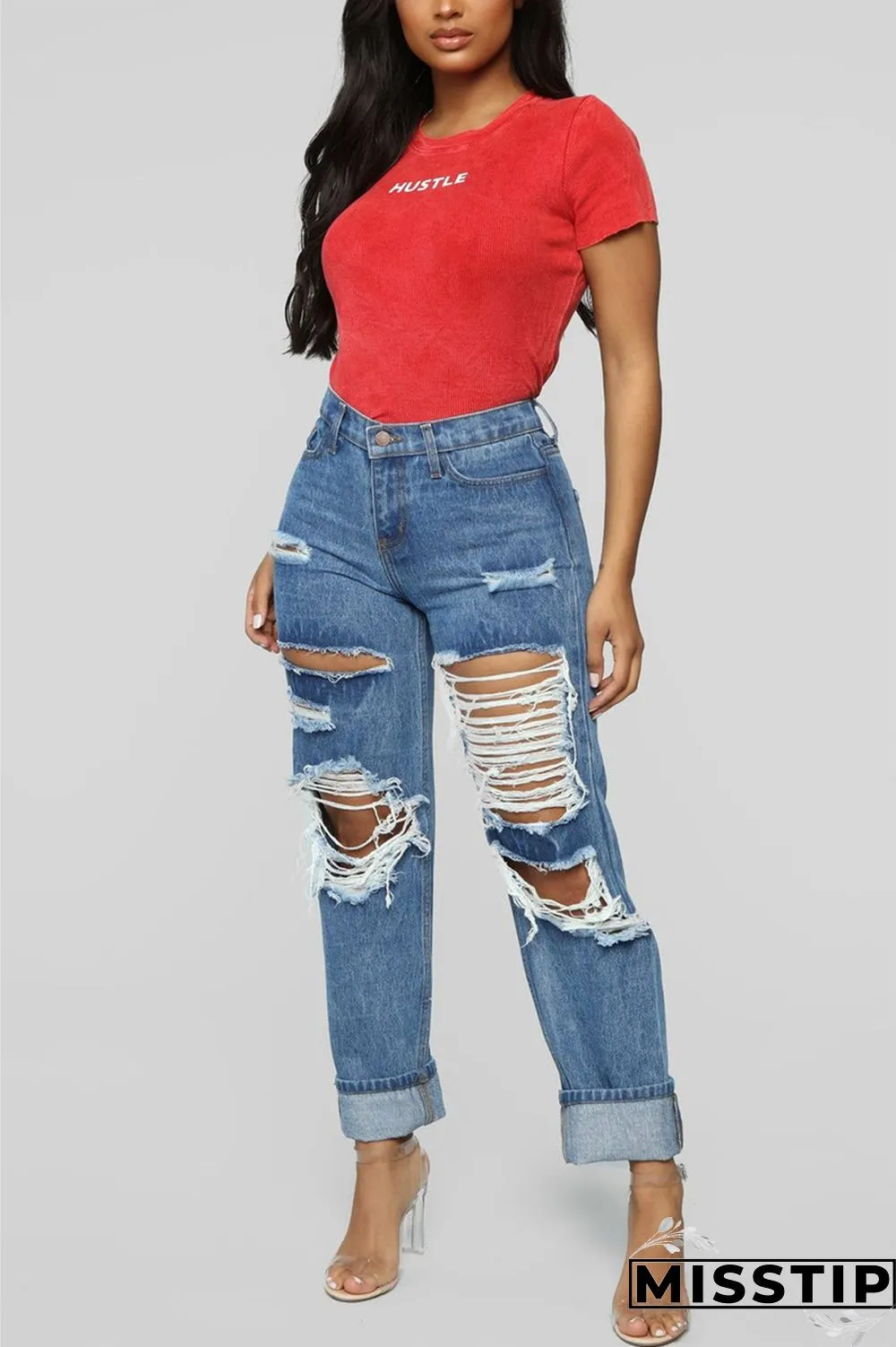 Light Blue Fashion Casual Solid Broken Hole Straight Jeans