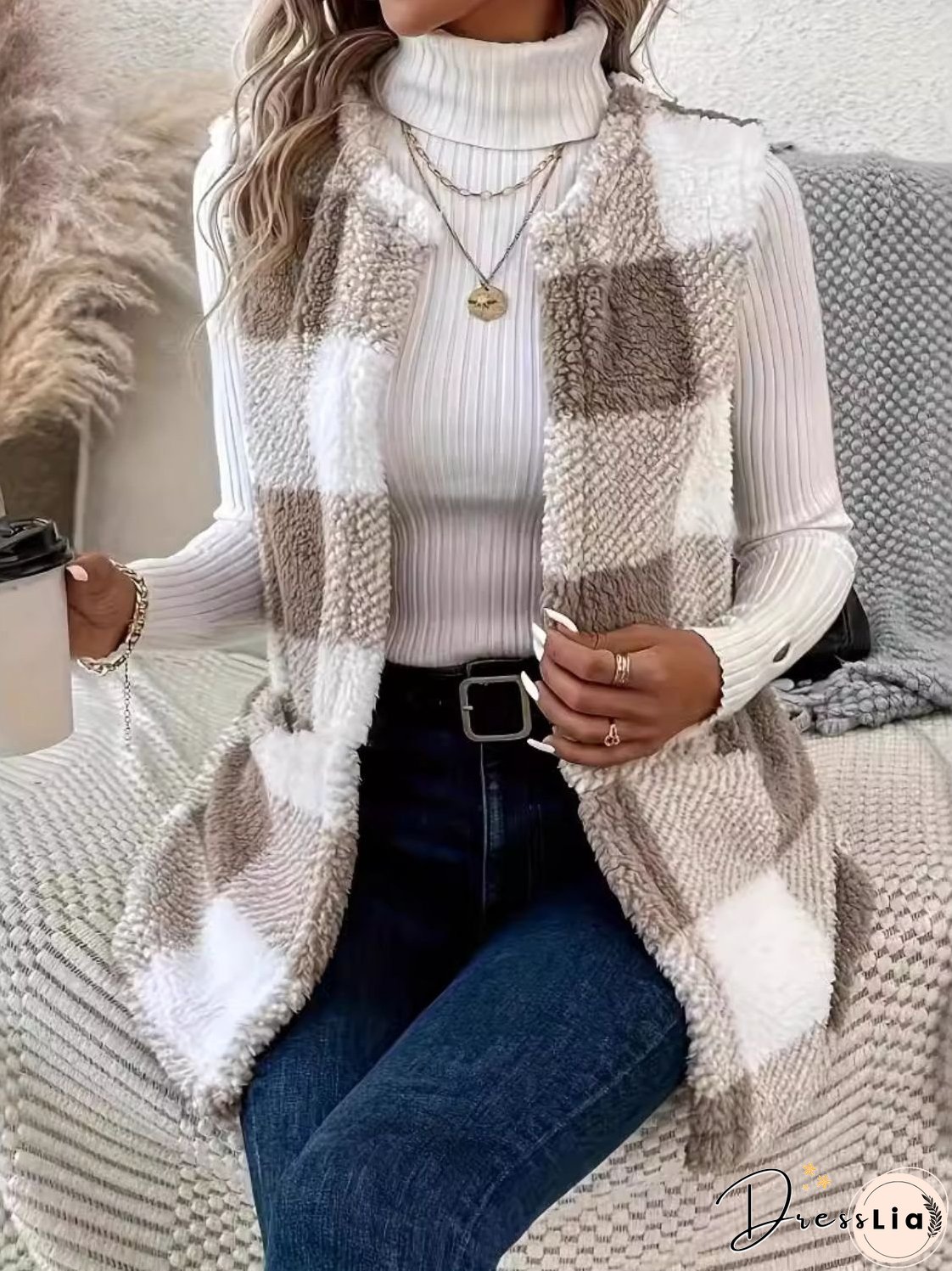 Plaid Open Front Vest Coat