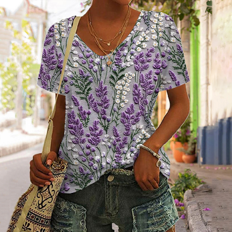 Floral Print V-Neck Short Sleeved Casual T-Shirt